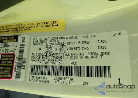 2017 Toyota Tundra Limited 5.7L V8 from USA, damaged, VIN 5TFFW5F15HX218587